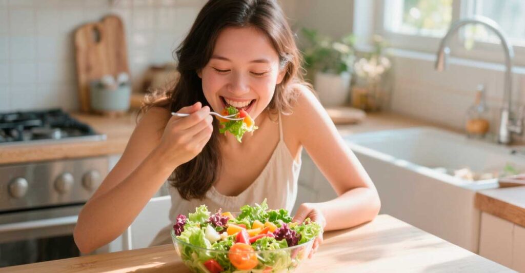 Woman joyfully eating a vibrant salad in a sunlit kitchen, morning light.